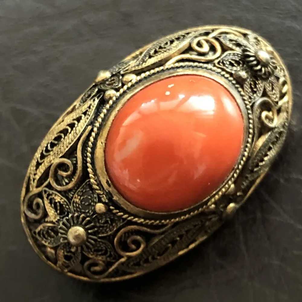 Antique Chinese Gild Sterling Silver Filigree Red… - image 4