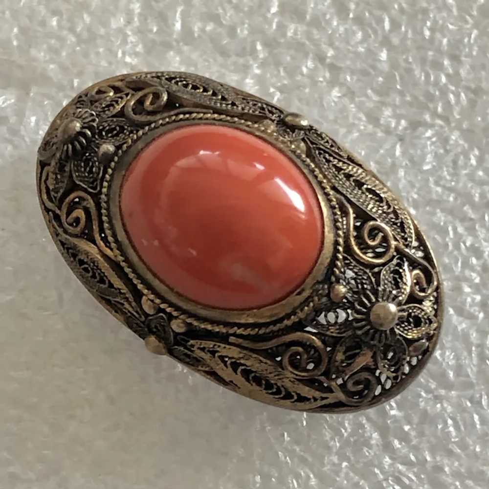 Antique Chinese Gild Sterling Silver Filigree Red… - image 6
