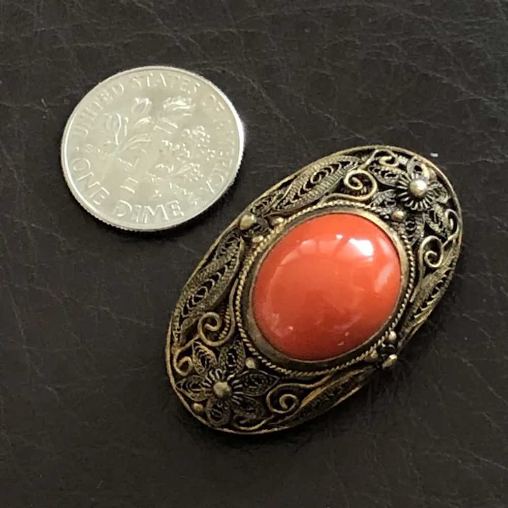 Antique Chinese Gild Sterling Silver Filigree Red… - image 7