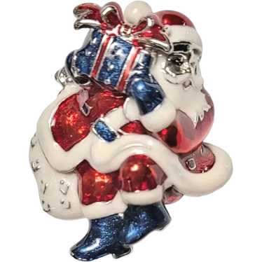 Patriotic Red White Blue Enamel Santa Pin Brooch, 