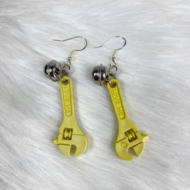 Vintage 80s Plastic Bell Charm Yellow Wrench Earr… - image 1