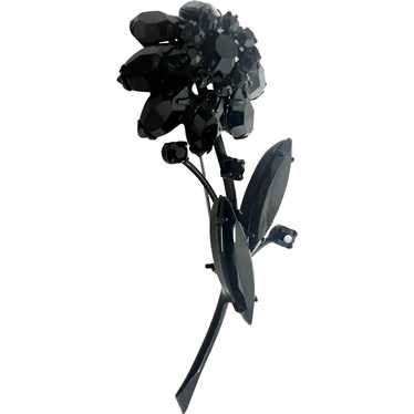 Vintage Black Rhinestones Flower Brooch