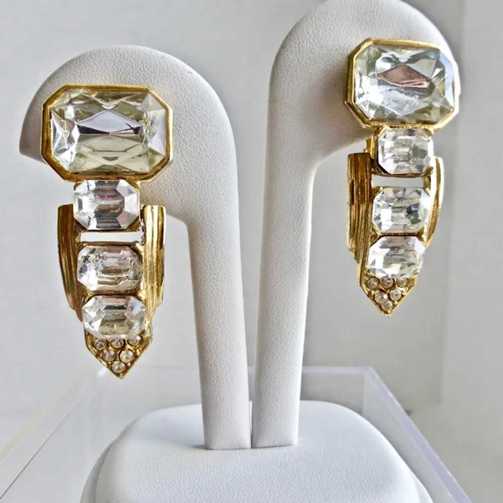 Rhinestone Gold tone Drop Earrings, 1980s Art Dec… - image 2