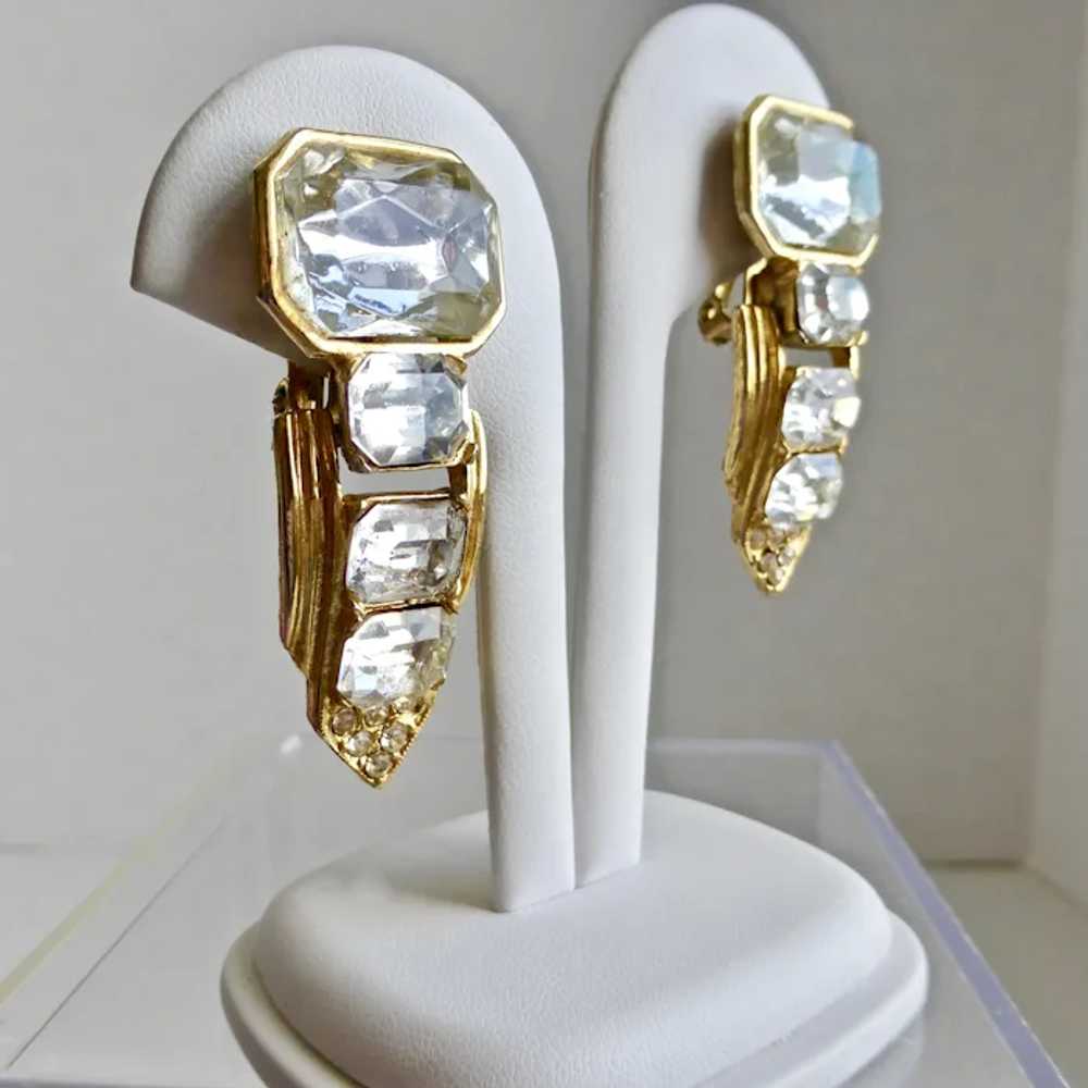 Rhinestone Gold tone Drop Earrings, 1980s Art Dec… - image 3