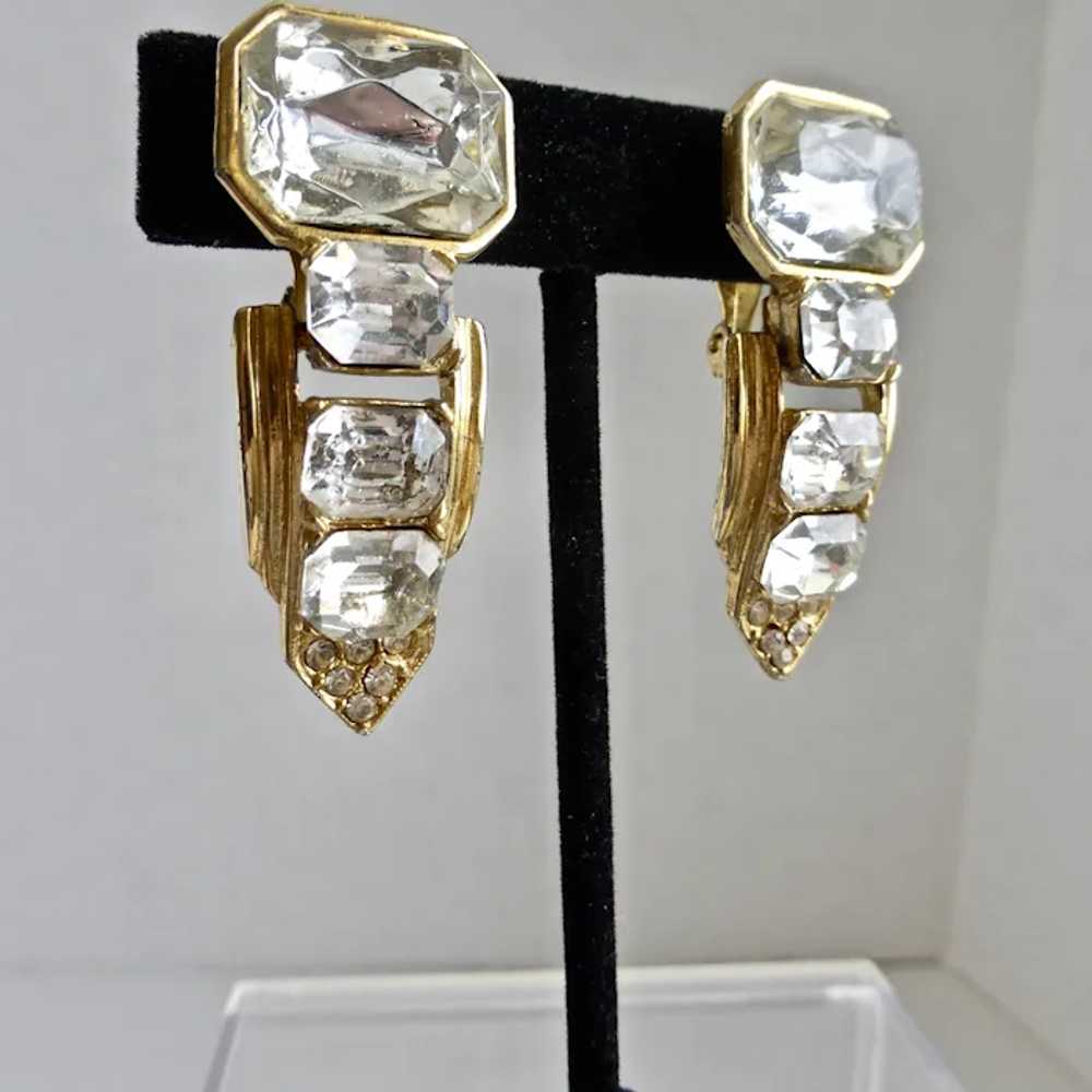 Rhinestone Gold tone Drop Earrings, 1980s Art Dec… - image 5