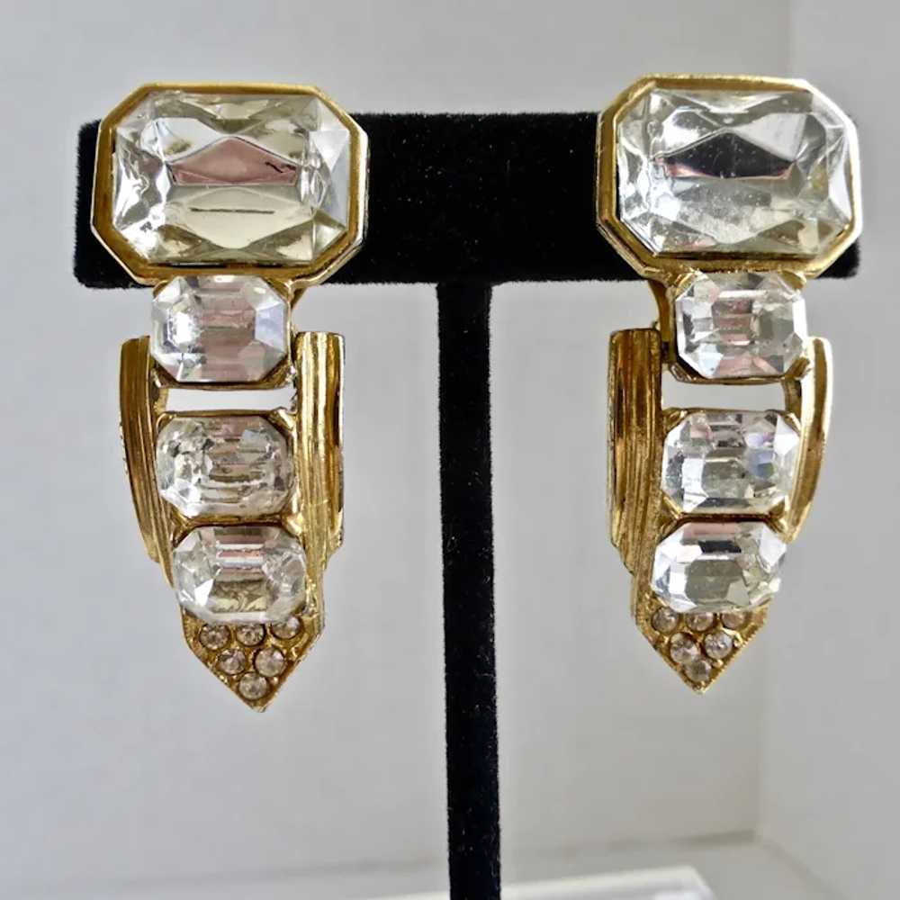 Rhinestone Gold tone Drop Earrings, 1980s Art Dec… - image 6