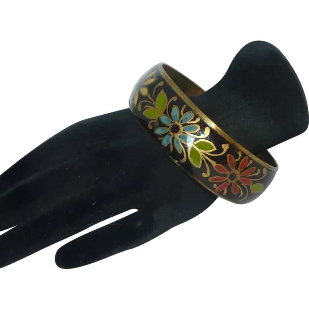 Hand Painted Flower on Wood and Brass Bracelet - image 1