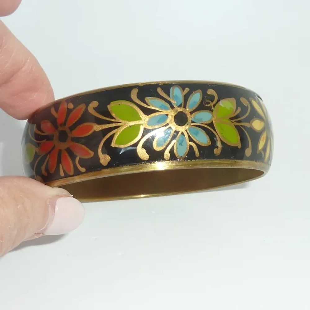 Hand Painted Flower on Wood and Brass Bracelet - image 3