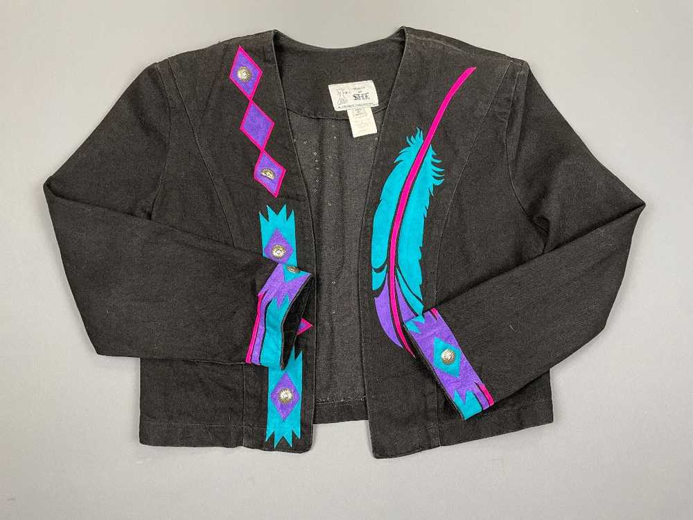 1980S-90S CROPPED BLAZER JACKET W/ SUEDE FEATHER … - image 2