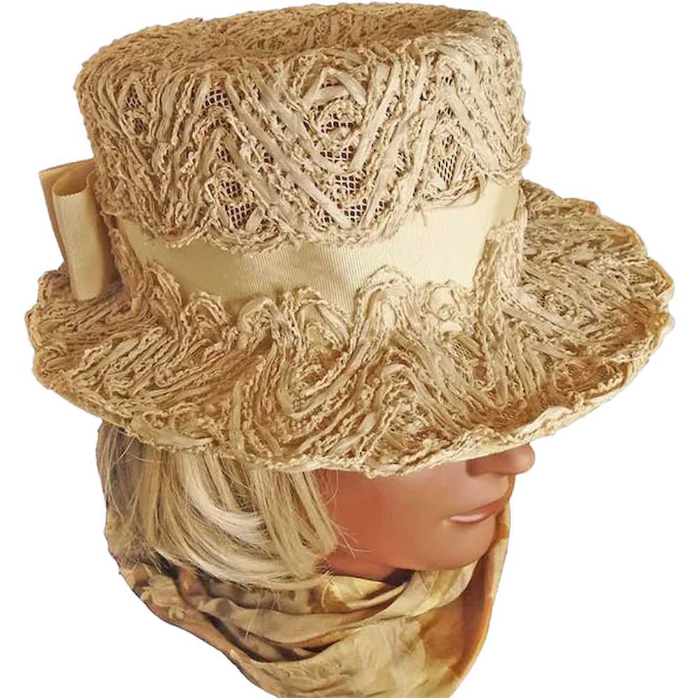 Straw Boater Hat Extra Fancy Cottagecore Raffia M… - image 1
