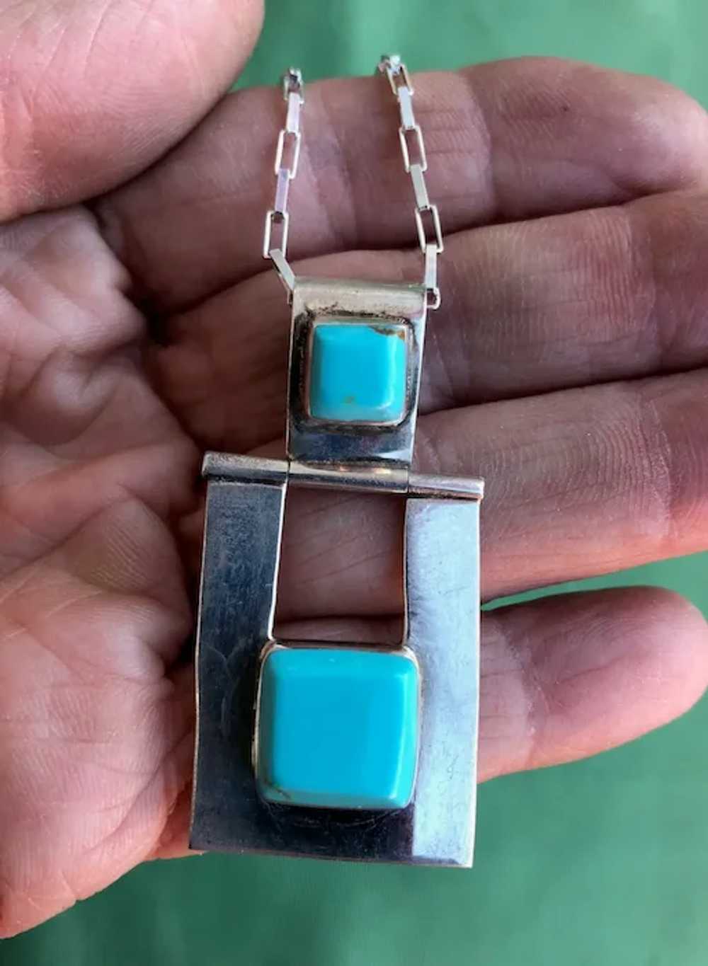 1980s Modernist Turquoise & Silver Necklace 24 In… - image 2