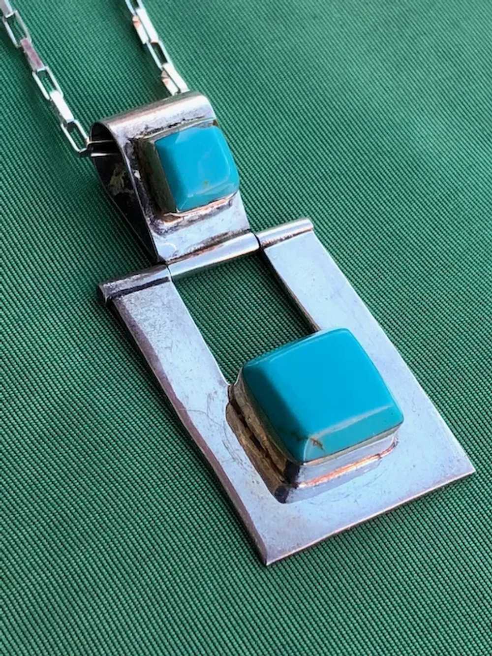 1980s Modernist Turquoise & Silver Necklace 24 In… - image 3