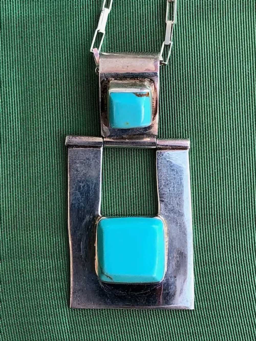 1980s Modernist Turquoise & Silver Necklace 24 In… - image 4