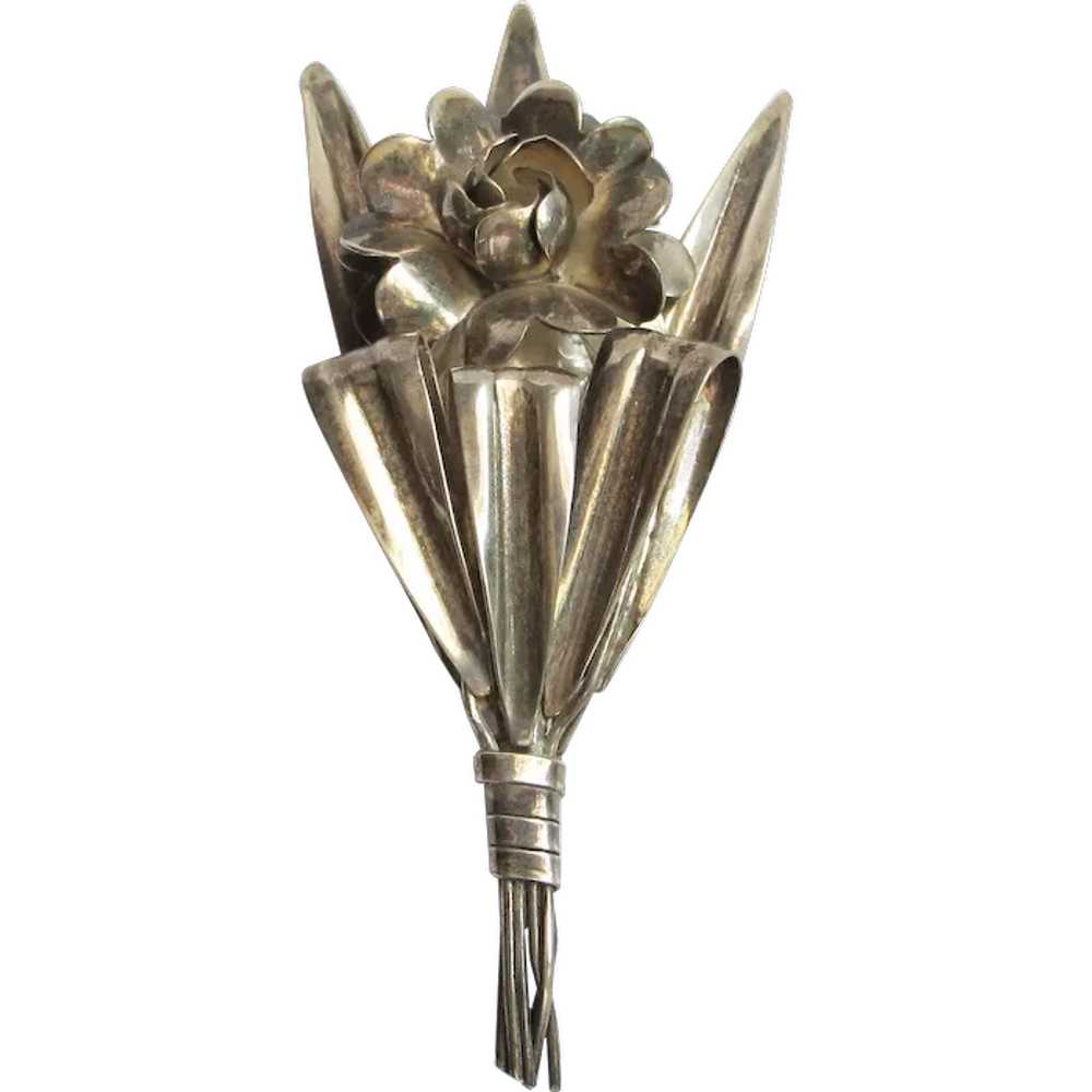 Large 4-1/2" Sterling Flower Floral & Leaves Pin … - image 1