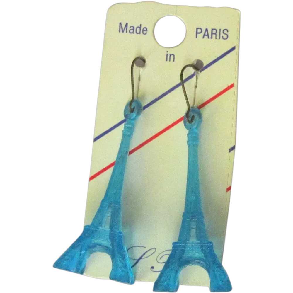 Vintage Eiffel Tower Earrings, Blue Plastic on Or… - image 1