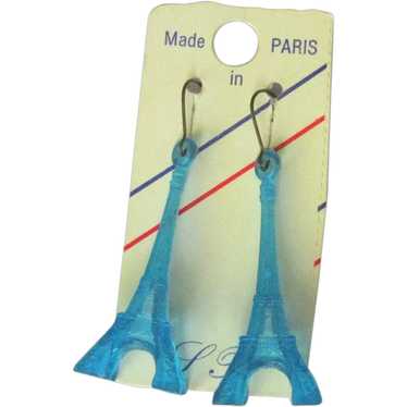 Vintage Eiffel Tower Earrings, Blue Plastic on Or… - image 1