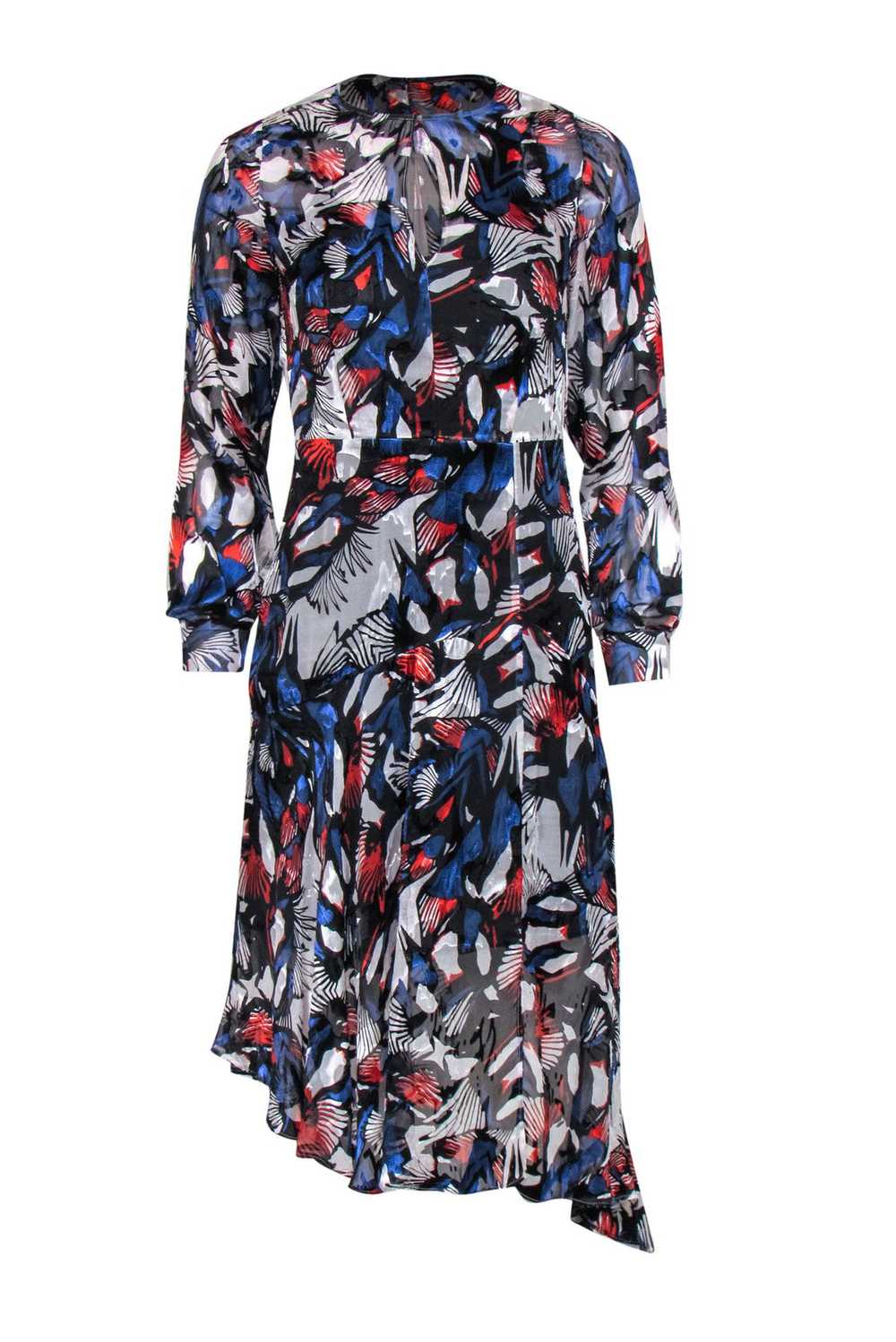 Reiss - Red, White & Blue Floral Print Sheer Long… - image 1