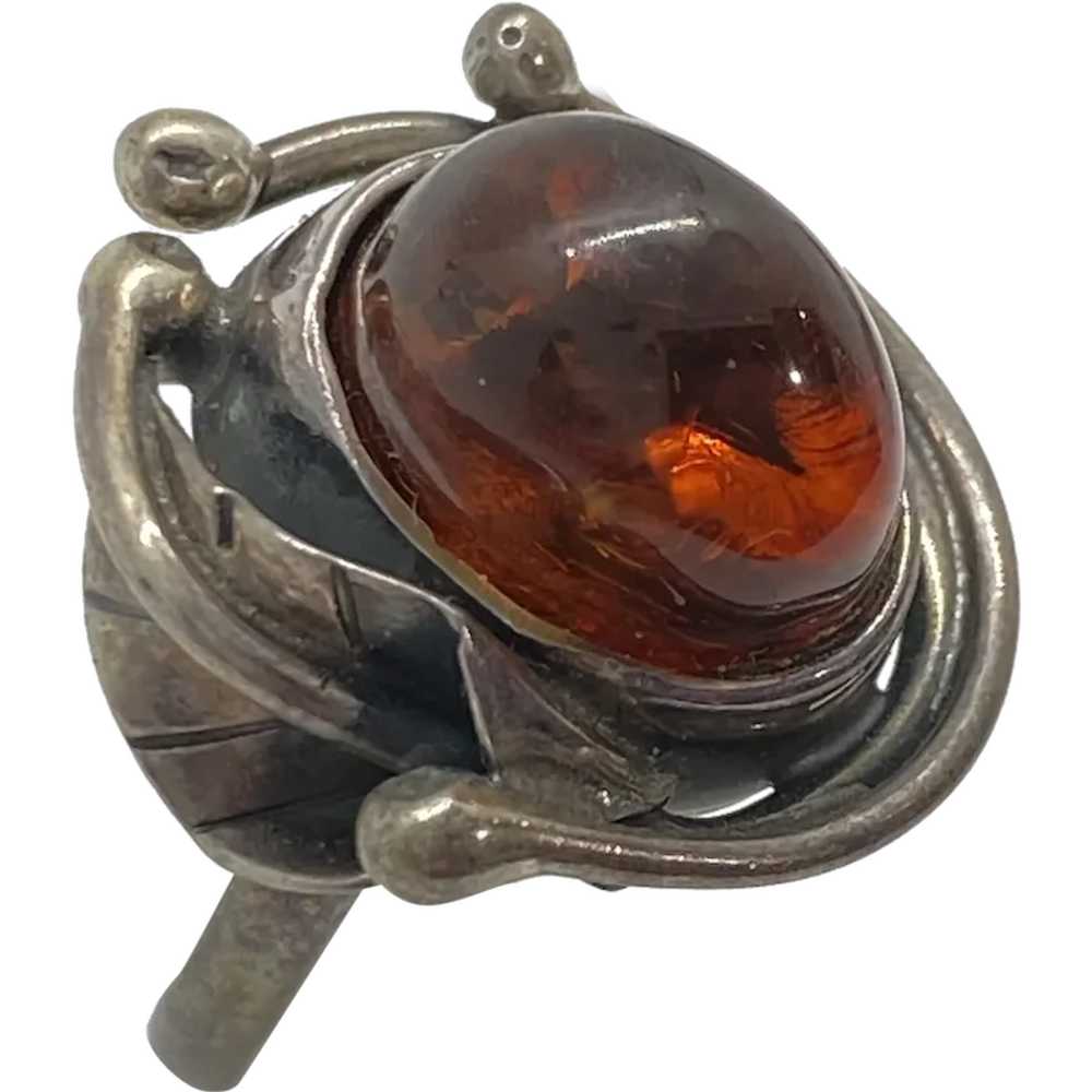 Baltic Amber Vintage Ring Sterling Silver Lily Fl… - image 1
