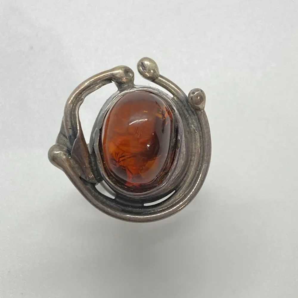 Baltic Amber Vintage Ring Sterling Silver Lily Fl… - image 2