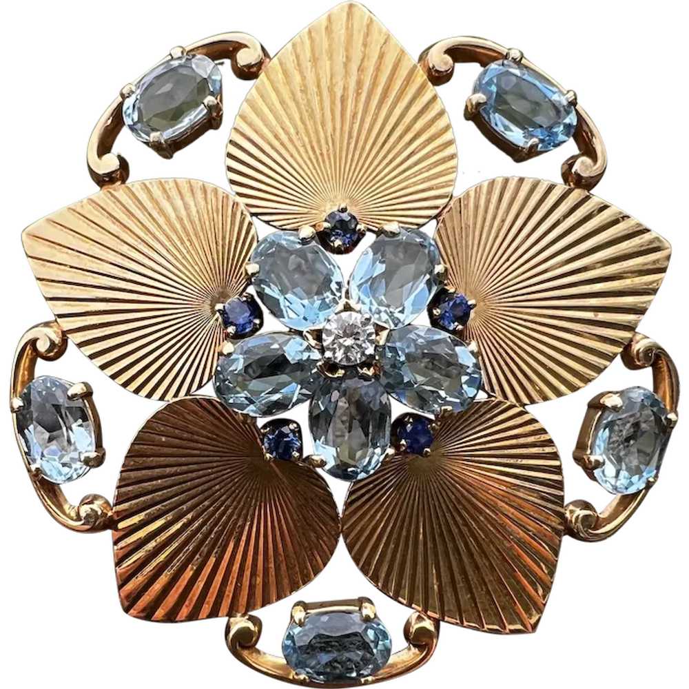 14K Yellow Gold Aquamarine and Sapphire Flower Br… - image 1