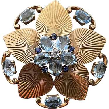 14K Yellow Gold Aquamarine and Sapphire Flower Br… - image 1