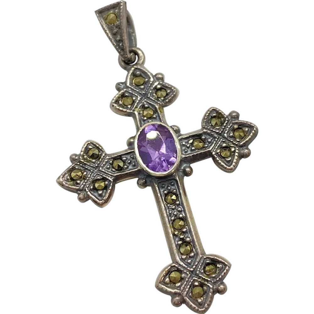 Amethyst and Marcasite Cross Pendant Sterling Sil… - image 1