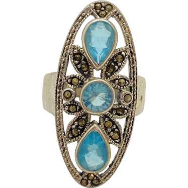 Blue Topaz and Marcasite Vintage Elongated Ring S… - image 1