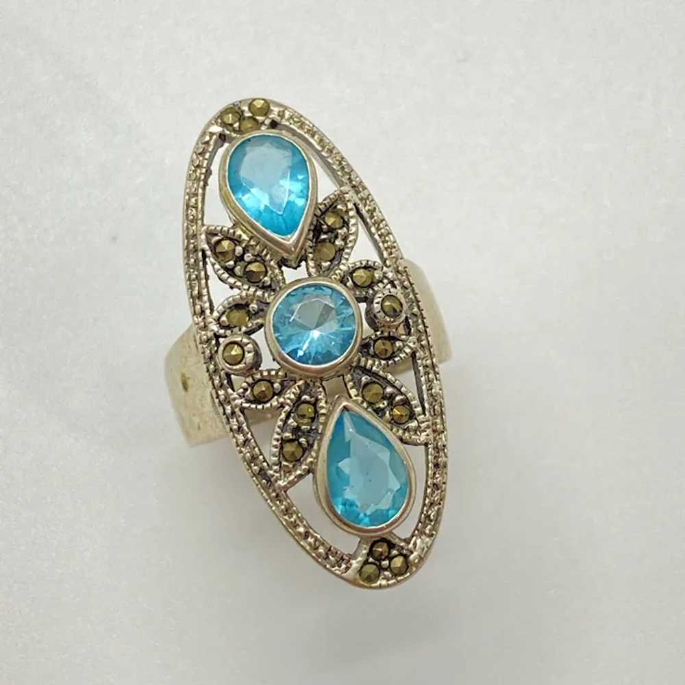 Blue Topaz and Marcasite Vintage Elongated Ring S… - image 2