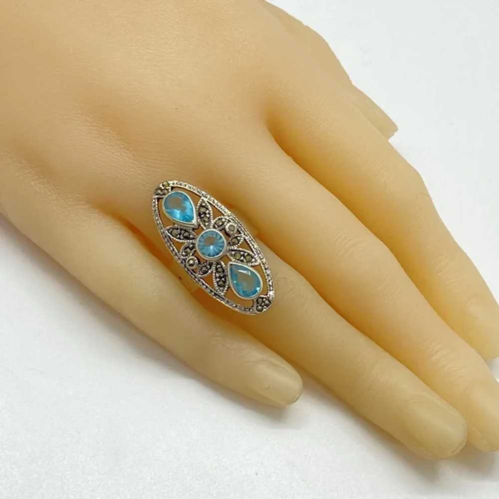 Blue Topaz and Marcasite Vintage Elongated Ring S… - image 3