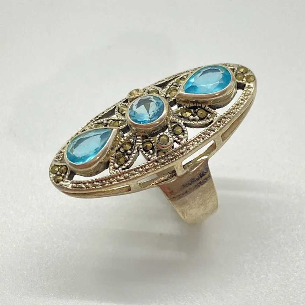 Blue Topaz and Marcasite Vintage Elongated Ring S… - image 4