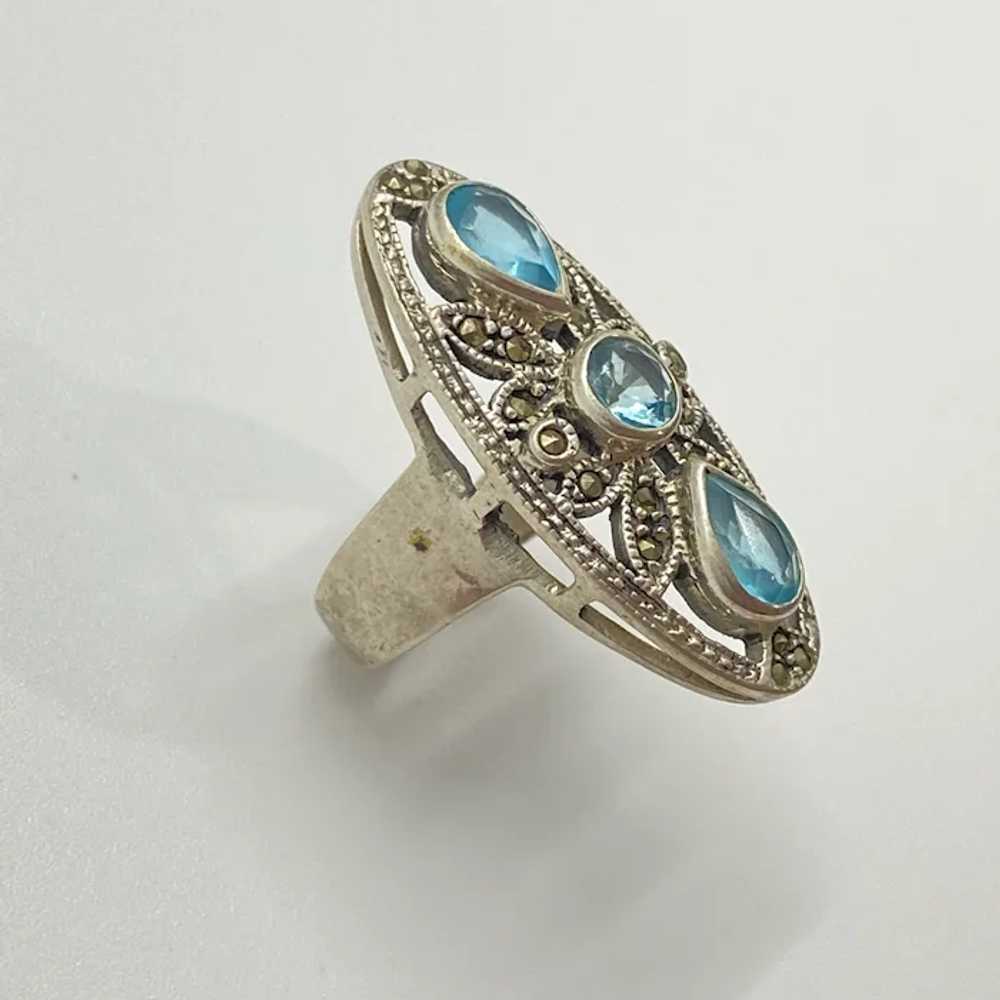 Blue Topaz and Marcasite Vintage Elongated Ring S… - image 5