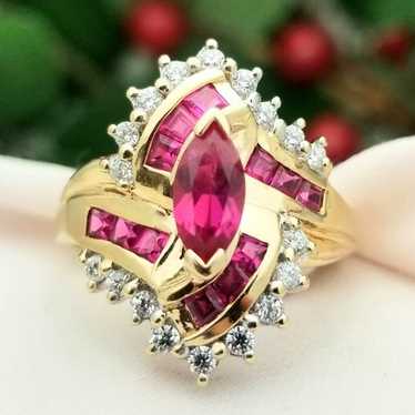 10K Ruby& Cubic Zirconia Cluster Ring-Yellow Gold… - image 1