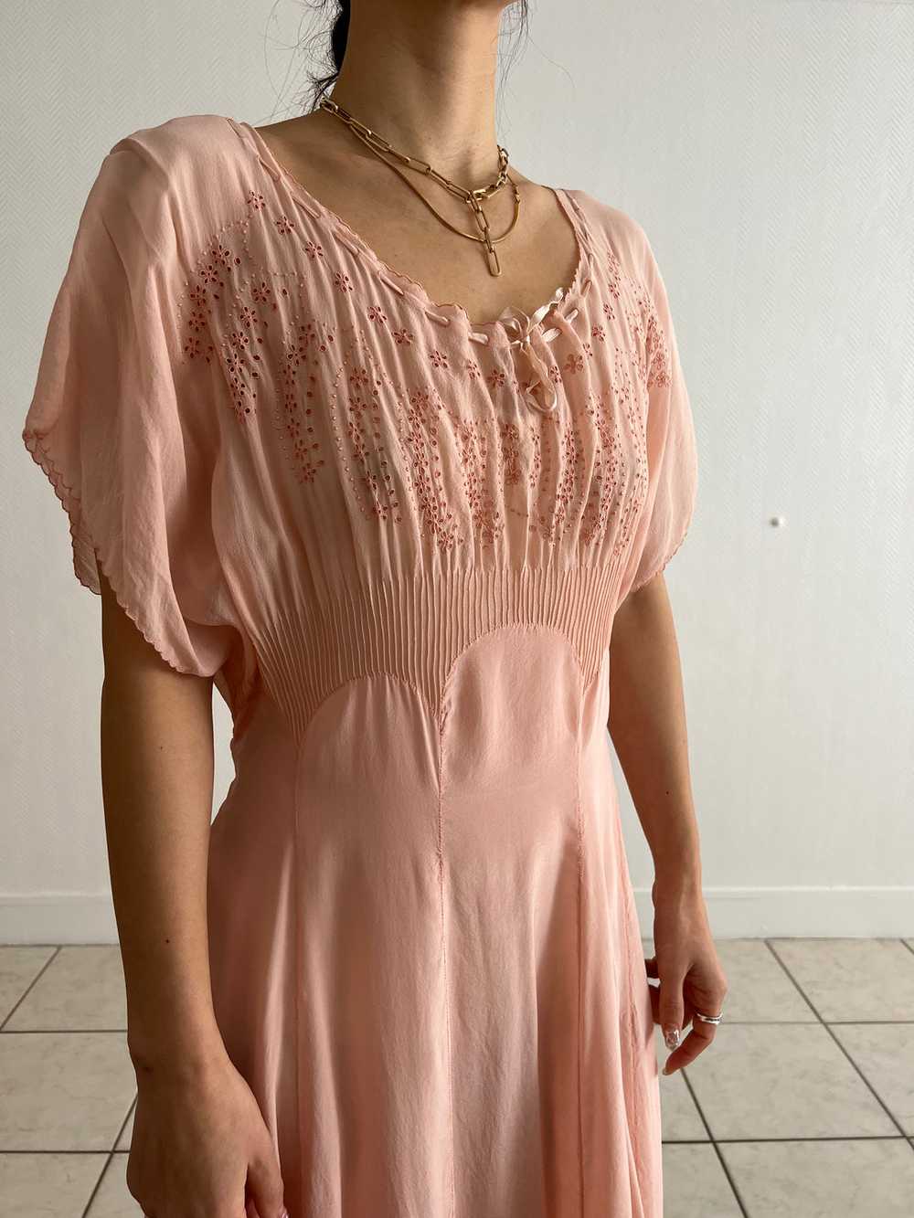 Vintage 1930s light pink silk dress hand embroide… - image 8