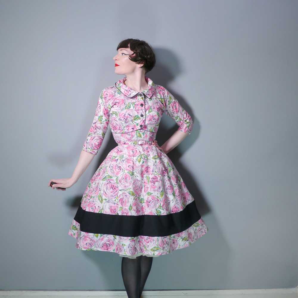 50s PEGGY PAGE PINK PAINTERLY ROSE FLORAL DRESS A… - image 1