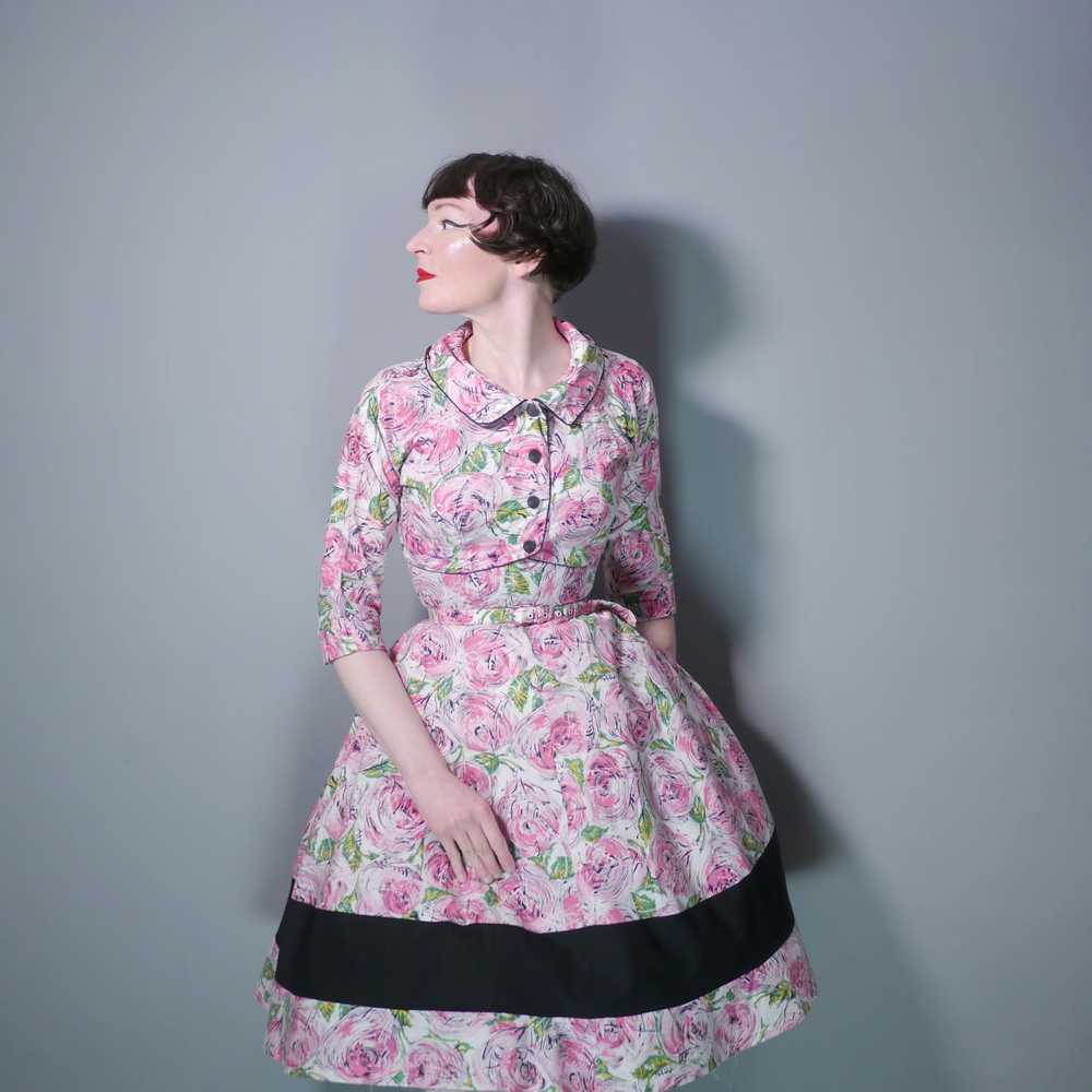 50s PEGGY PAGE PINK PAINTERLY ROSE FLORAL DRESS A… - image 2