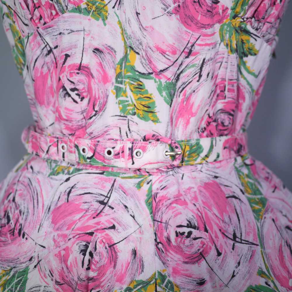 50s PEGGY PAGE PINK PAINTERLY ROSE FLORAL DRESS A… - image 9