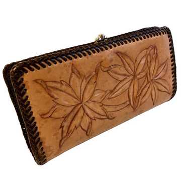 Unkwn 70s HANDMADE Tooled FLORAL Leather LACED Wa… - image 1