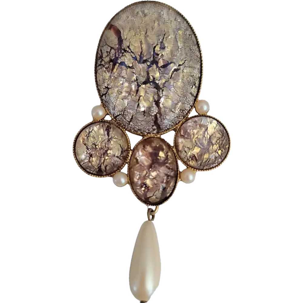 Gold Tone Opal-Color Foil Glass Faux Pearl Dangle… - image 1