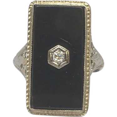 Antique Art Deco 14k White Gold Black Onyx Diamon… - image 1