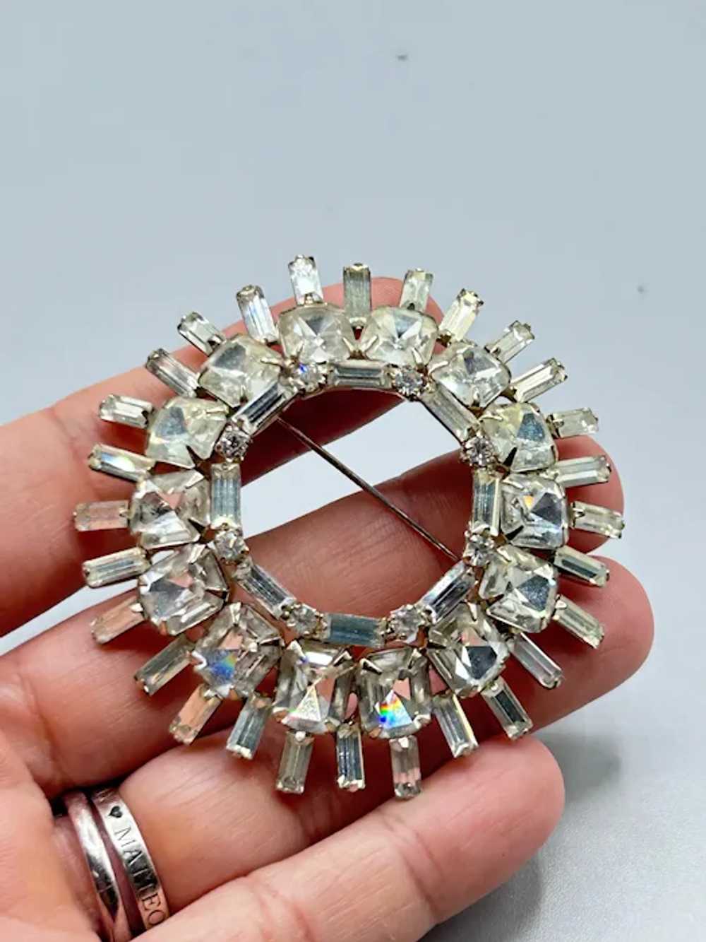 Vintage Icy Rhinestones Wreath Brooch Round Circl… - image 6