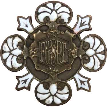 Antique French Enameled Bronze Cross Pin / Brooch… - image 1