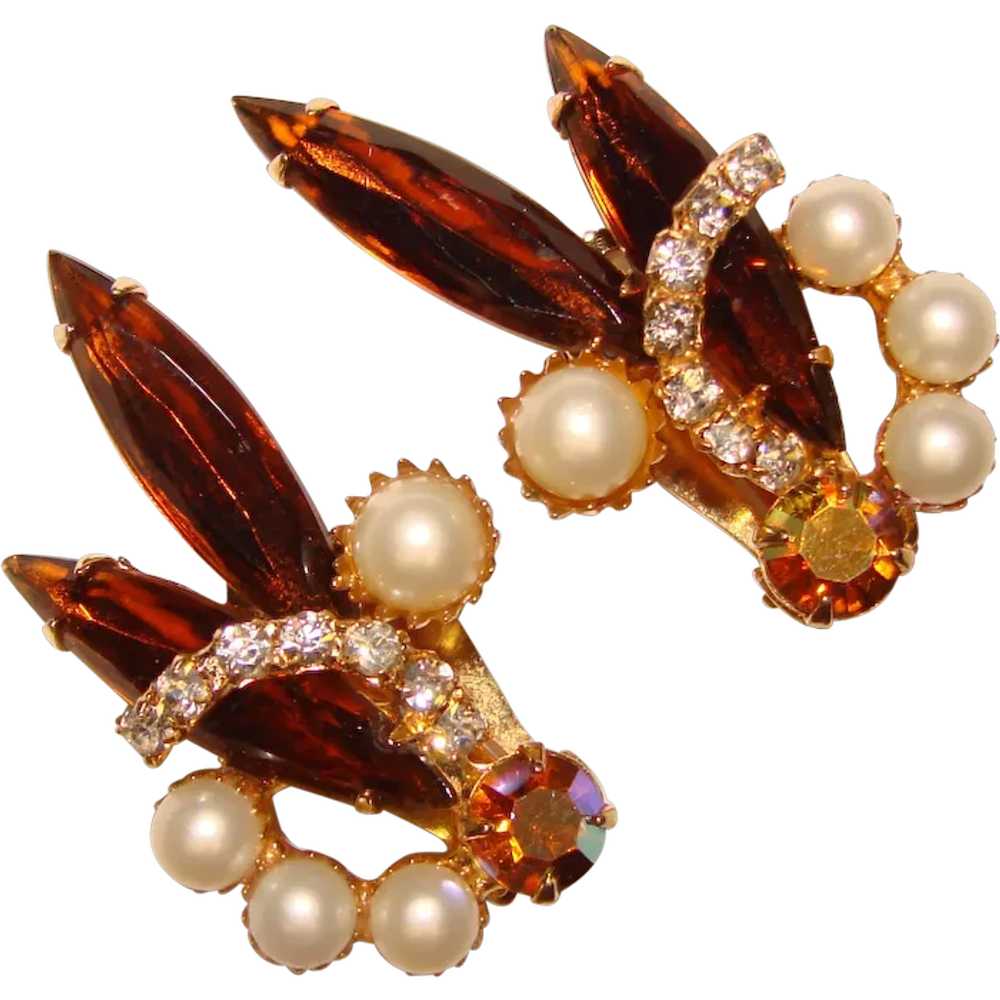 Fabulous BROWN Navette & Faux Pearl Vintage Rhine… - image 1