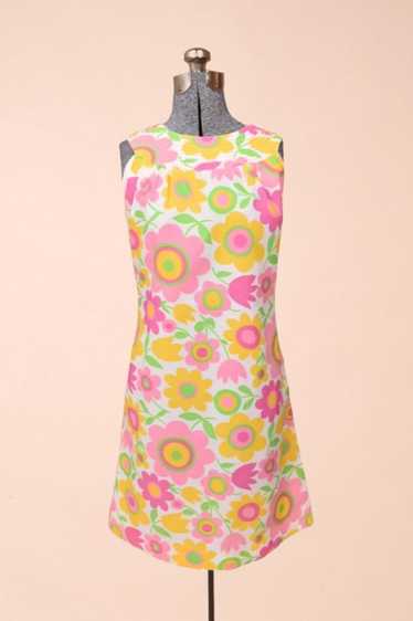 Pink 60s Floral Mod Dress By Carol Brent, S/M