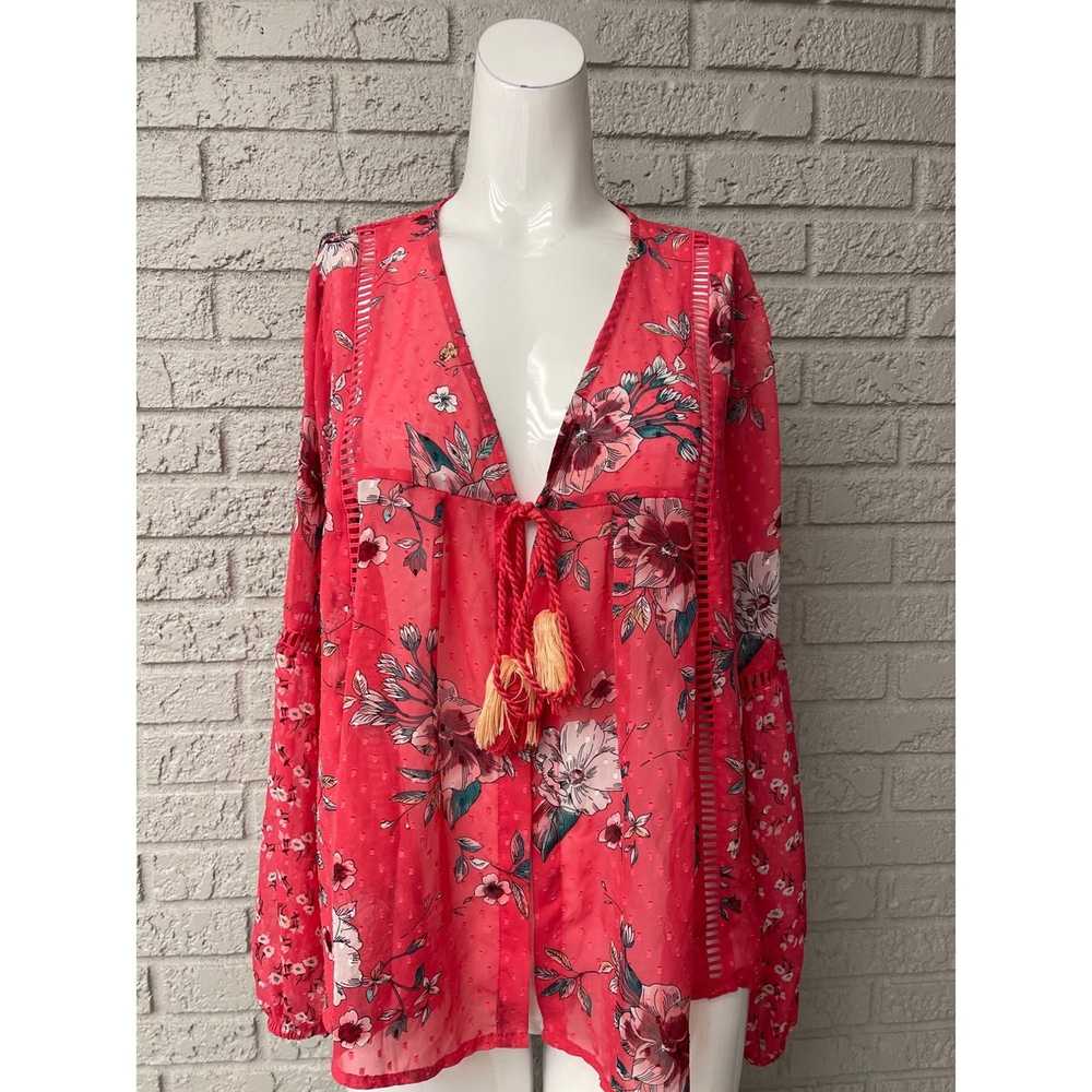 Other Time Tru Red Sheer Tie Front Floral Print B… - image 1