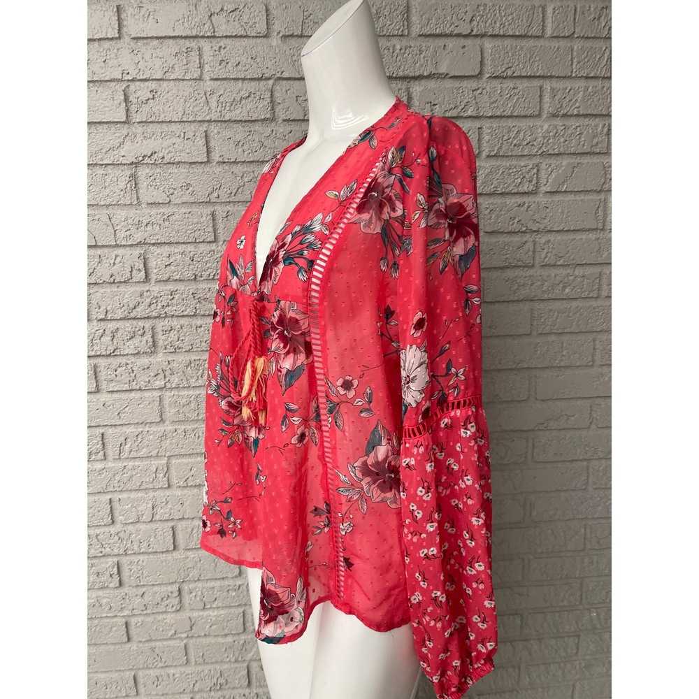 Other Time Tru Red Sheer Tie Front Floral Print B… - image 3