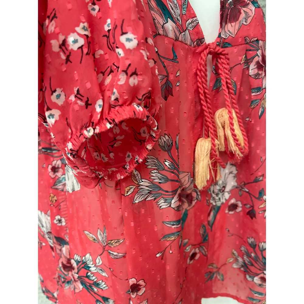 Other Time Tru Red Sheer Tie Front Floral Print B… - image 5