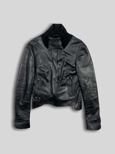 Goat leather biker jacket with Gucci script in black and cream
