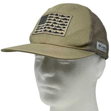 Columbia PFG hat American flag patch with fish. Sz S/M mesh back fitted hat.
