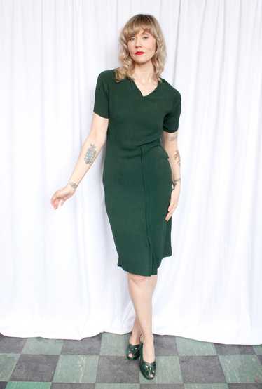 1930s Dark Green Rayon Dress - Small