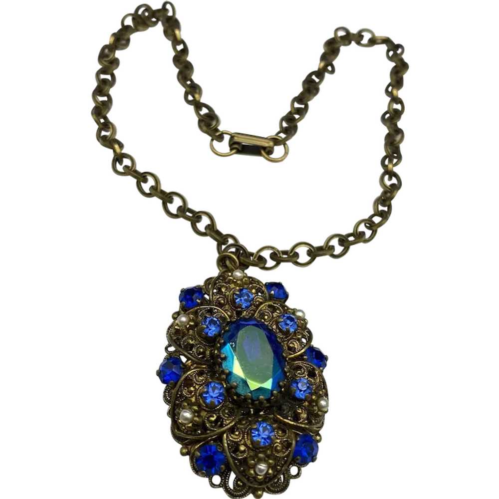 Ornate Filigree West Germany Pendant Necklace Blu… - image 1